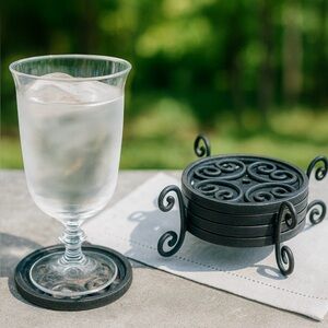 Vintage SOUTHERN ACCENTS 5-pcs Wrought Iron/Glass Heavy Metal Coasters #1205251